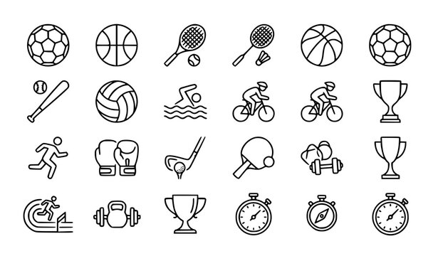 Sports elements fitness activities and trophies line art icons set vector
