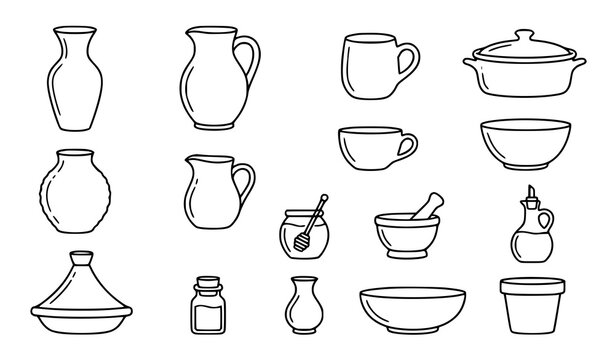 Kitchen pottery jugs bowls and cups line art icons set vector