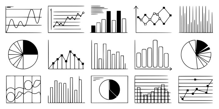 Charts Displaying Various Data Visualization Techniques Including Line Graphs, Bar Graphs, Pie Charts, and Scatter Plots