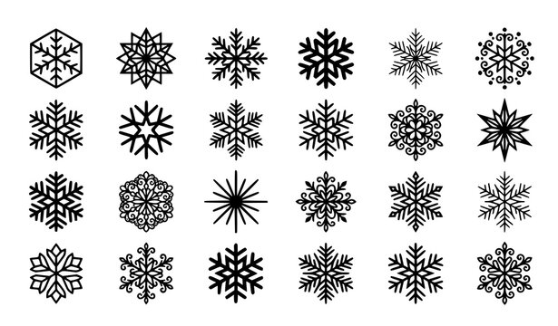 Set of winter snowflake silhouettes with various creative design elements vector