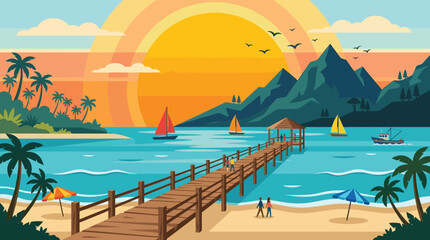 Naklejka premium Vibrant tropical sunset over a peaceful beach, featuring a long wooden pier, serene ocean, swaying palm trees, majestic mountains, and a colorful sky with a rainbow