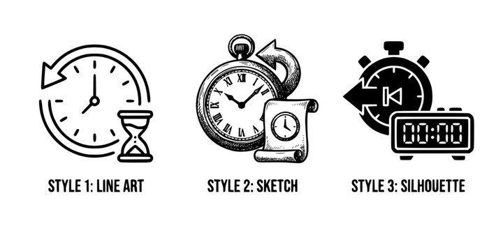 Back arrow clock history and time back icon set in three styles
