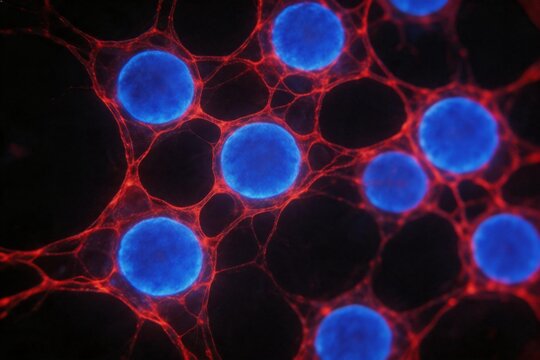 Cellular structure with blue nuclei and red network