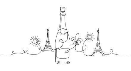 Parisian Celebration: Champagne Bottle, Eiffel Towers, Fleur-de-lis, Sparkles Line Art © Ceblok