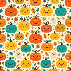 Fototapeta premium A modern 2026 aesthetic for a futuristic digital pattern, featuring a minimal AI-inspired autumn motif with smiling pumpkins and festive elements, perfect for contemporary digital designs