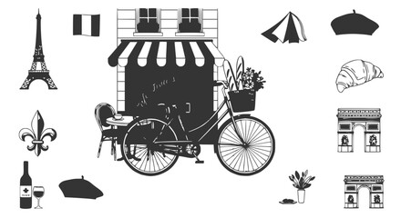 Parisian Cafe Scene with Bicycle, Eiffel Tower, and French Icons © Ceblok