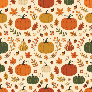 Modern AI pattern for 2026 a futuristic, minimal autumn harvest graphic. Clean, elegant, seamless design with stylized pumpkins and fall leaves, reflecting seasonal charm