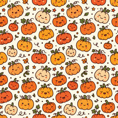 Fototapeta premium Modern, minimalist, futuristic AI-inspired seamless pattern of charming cartoon pumpkins and leaves, capturing a vibrant 2026 autumn aesthetic, perfect for design
