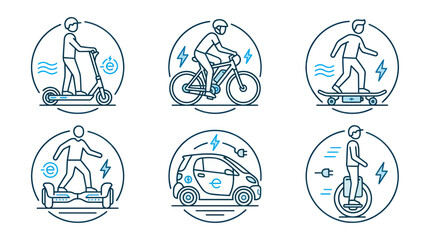 Electric Mobility Icons: Scooter, Bike, Skateboard, Hoverboard, Car, Unicycle © nia