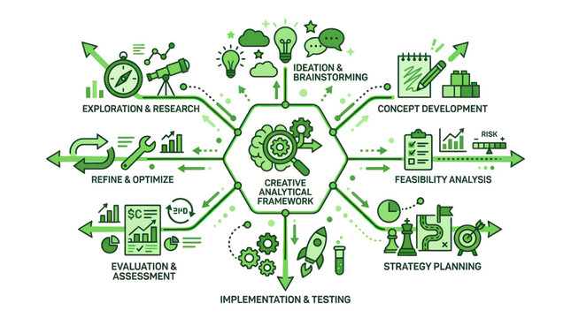 Creative Analytical Framework Infographic: Strategy, Planning, Research, Development
