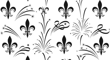 Fleur de Lis and Firework Sparkle Pattern - Black and White Decorative Design © Ceblok