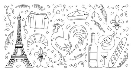 French Icons Doodle: Eiffel Tower, Rooster, Beret, Wine, Croissant, Baguette © Ceblok