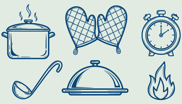 Cooking kitchen tools pot oven mitts ladle cloche and flame heat management illustration set
