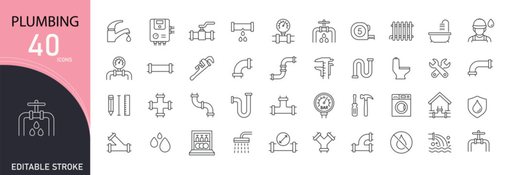 Plumbing icons set representing pipes, water systems, maintenance, repair services, drainage and plumbing equipment. Editable Stroke.