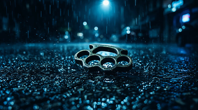 Metal brass knuckles resting on a wet dark city street at night with rain falling and glowing blue street lights in the background Detective Mystery Document, Dark Cinematic