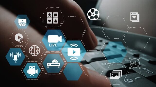 Multimedia technology with video, audio, photo and streaming icons representing digital media, communication and online platforms in a modern multimedia world. Funnel