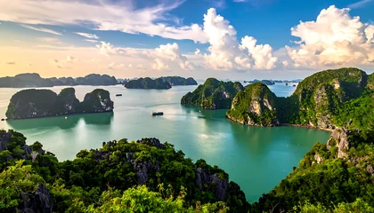 Idyllic seascape with lush green karst islands scattered across turquoise water under a dramatic cloudy sky, natural landscape © Leni