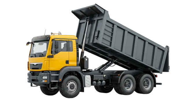 Heavy duty yellow dump truck with raised bed on white background