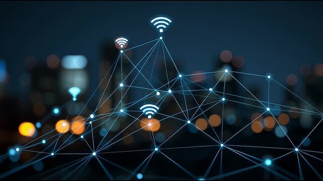 Smart Innovation city with connection cyber security network reciprocity over the cityscape . future wireless digital city and social media networking systems that connects people with in the city