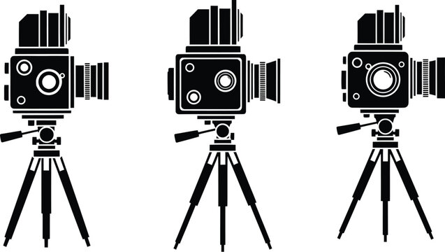 Set of vintage medium format film cameras mounted on tripods isolated as black silhouettes for photography design projects