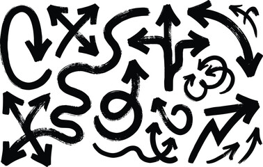 Fototapeta premium Hand Drawn Grunge Arrow Collection Set - Black Brush Stroke Directional Symbols Isolated on White Background