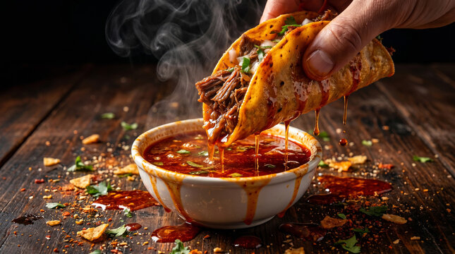 Extreme Macro of Mexican Beef Taco Dipping in Glossy Consomme