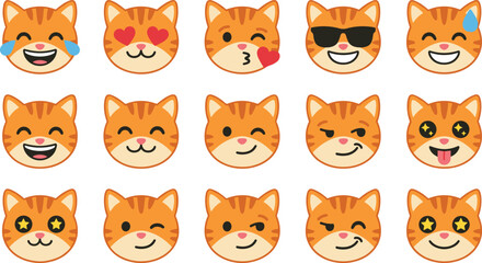 Fototapeta premium Cute Cat Emoji Face Collection Featuring Happy, Love, Cool, Winking, Laughing, and Funny Cartoon Expression Icons for Messaging