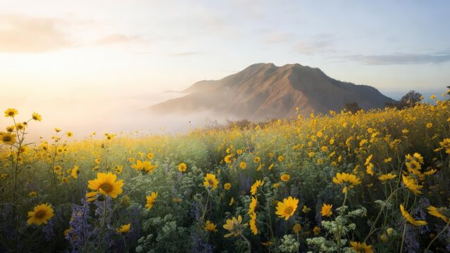 Breathtaking scenic view of a vibrant yellow highland flower field on the island of Java, set against a majestic mountain peak and mystical morning mist, captured in a cinematic widescreen format.