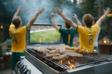 Naklejka premium Outdoor barbecue grilling with friends enjoying soccer match on television celebrating with raised arms in backyard garden party