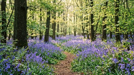 Fototapeta premium A serene forest path winds through vibrant purple flowers and green trees.