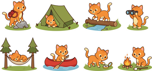 Obraz premium Cute Camping Cat Sticker Collection Featuring Outdoor Adventure, Tent Camping, Canoeing, Hiking, Wildlife Exploration, Campfire Activities, and Nature Discovery