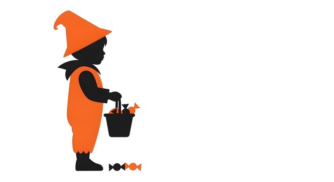 Halloween silhouette of a child in a witch hat, trick or treat toddler with candy bucket, spooky orange and black holiday character on white background