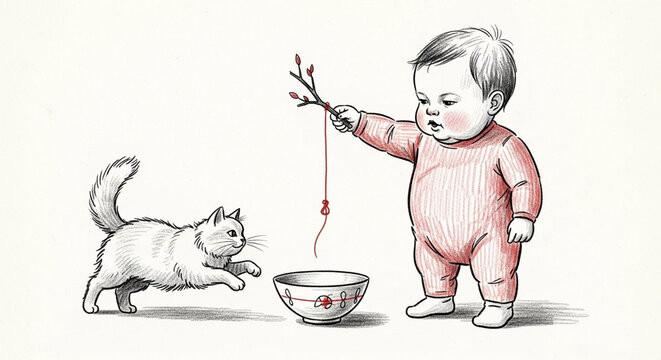 Curious toddler dangling toy above playful cat and bowl.