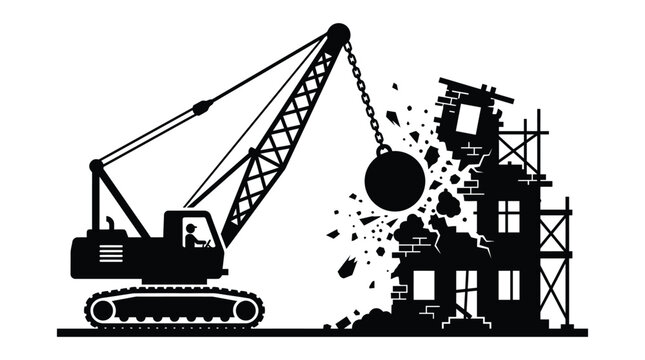 Construction Crane Demolishing Building Silhouette demolition wrecking structure black white vector graphic