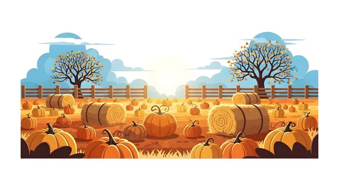 Autumn pumpkin patch landscape with hay bales, rustic farm field at sunrise, fall harvest season background for thanksgiving and halloween