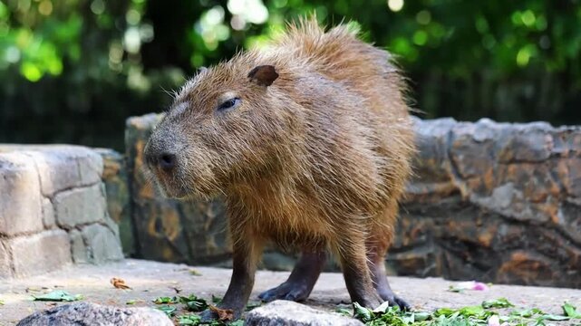 Cute funny capybara enjoying the food in the park
