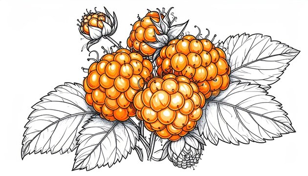 Cloudberry cluster with leaves botanical color illustration.
