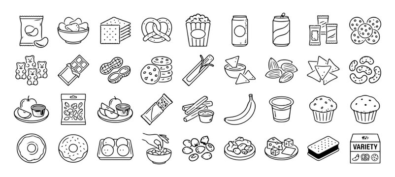 Set of 30 outline icons related to snacks