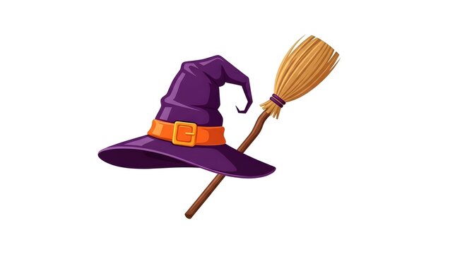 Purple witch hat with orange buckle and wooden broomstick, magical wizard accessories for Halloween, spooky sorceress costume elements on white background