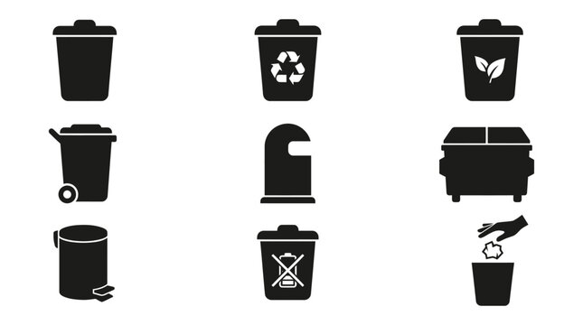 Various Trash Cans And Recycling Bins In Black Silhouette trashcan wastebin garbage