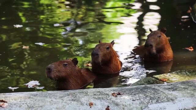 Cute funny capybaras chilling in the pond in the park