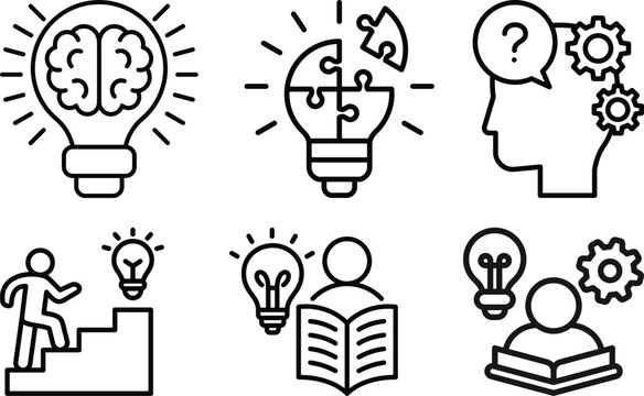 Creative Thinking and Problem Solving Line Icons Set, Innovation Learning and Critical Thinking Vector Collection