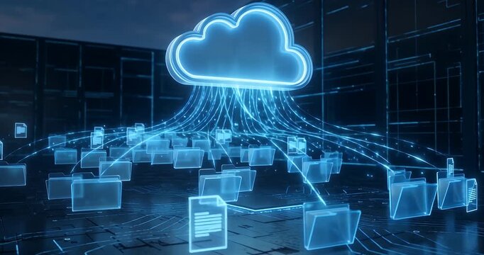 A futuristic digital representation of cloud computing with data flowing to and from various folders and files.
