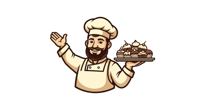 Professional chef holding a tray of delicious cupcakes, showcasing baking expertise and culinary delight in a charming illustration