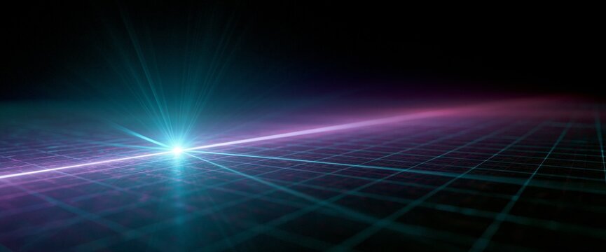 Futuristic glowing light beam on grid