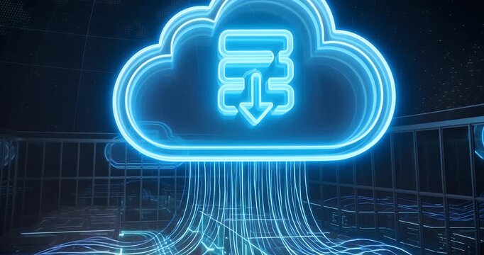 A glowing blue cloud icon with a database symbol and a down arrow, representing cloud computing and data download in a digital environment.