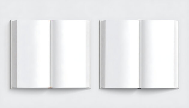 Two open blank books side by side, realistic mockup for content, design, or text placement on light grey background