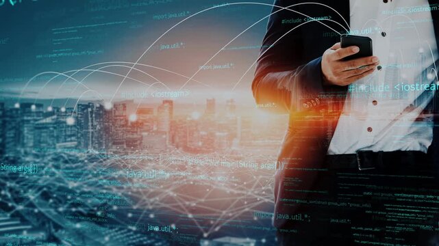A business professional interacts with a smartphone amidst a futuristic digital interface displaying programming code over an urban skyline, symbolizing modern technology. Xenic