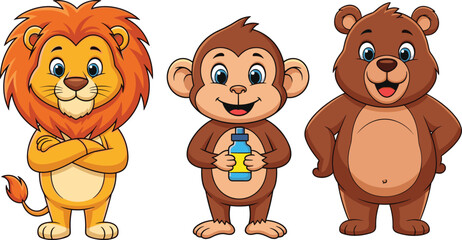 Cute animal illustration set with lion monkey and bear cartoon characters, friendly artwork vector element for kids, education, and playful graphic design © MD Tariful islam