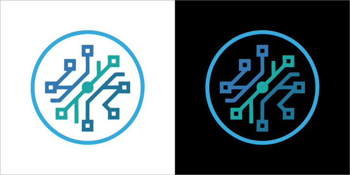 A close-up view of a circuit board illustration on a split white and black background